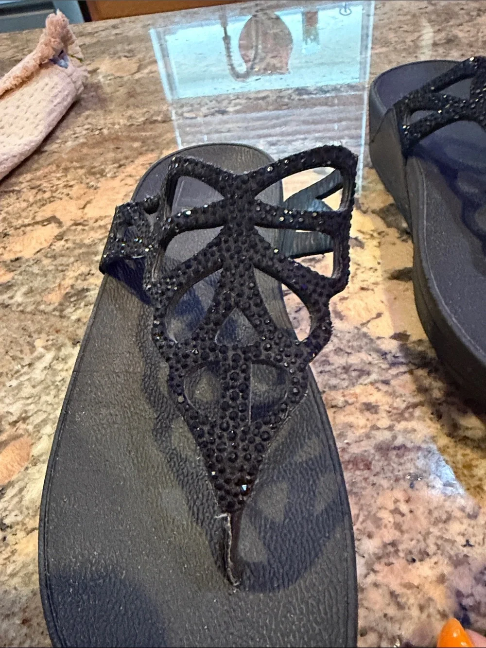 Black Rhinestone Thong Sandals for Women - Sparkle Accent